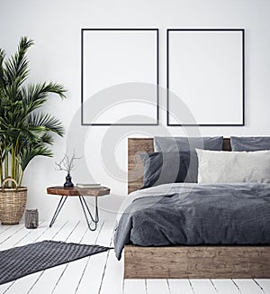 Mock up poster in bedroom interior,ethnic style