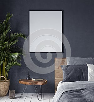 Mock up poster in bedroom interior,ethnic style photo