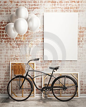 Mock up poster with bicycle and balloons in loft interior