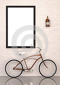 Mock up poster with bicycle and copper lamp interior