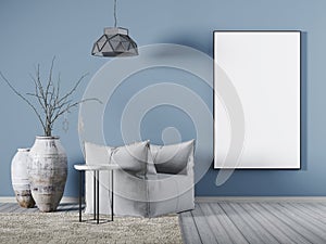 Mock up poster on blue wall in living room whit fabric armchair, a coffee table and big vase.
