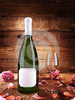 Mock up poster on a bottle of champagne with glasses and rose pe