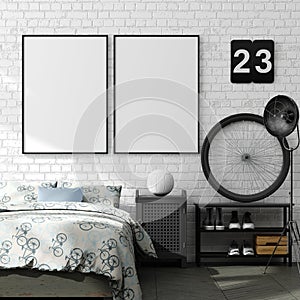 Mock up poster in boy teenage bedroom interior background, industrial style