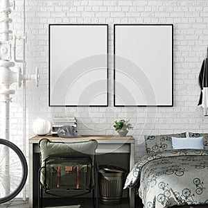 Mock up poster in boy teenage bedroom interior background, industrial style