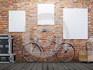 mock up poster and canvas in vintage hipster loft exterior background with bicycle.