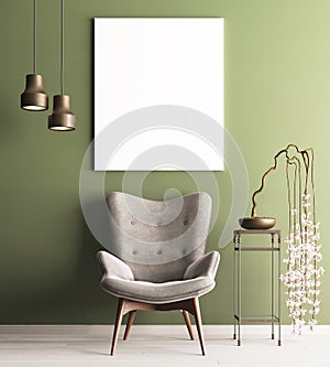 Mock up poster with chair & plant on table, minimalism loft interior background