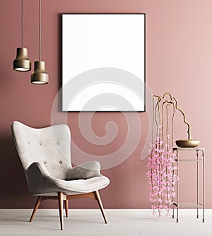 Mock up poster with chair & plant on table, minimalism loft interior background