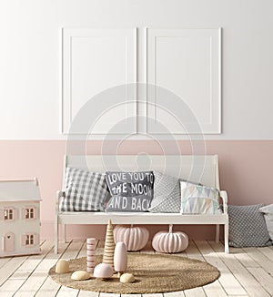 Mock up poster in children bedroom interior background, Scandinavian style