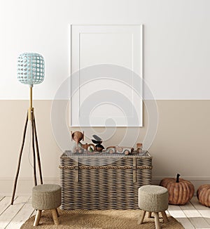 Mock up poster in children bedroom interior background, Scandinavian style