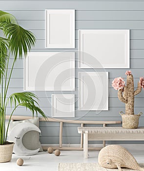 Mock up poster in children room background, pastel color room with natural wicker and wooden toys