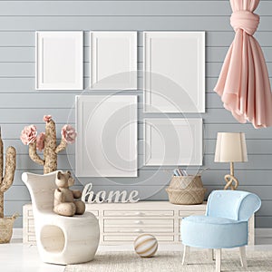 Mock up poster in children room background, pastel color room with natural wicker and wooden toys