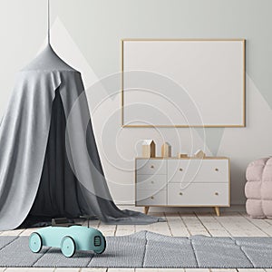 Mock up poster in the children`s bedroom with a canopy. Scandinavian style. 3d