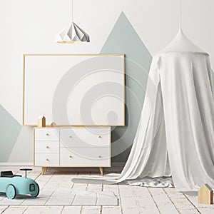 Mock up poster in the children`s bedroom with a canopy. Scandinavian style. 3d