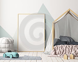 Mock up poster in the children`s bedroom with a canopy. Scandinavian style. 3d