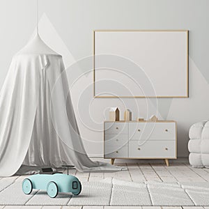 Mock up poster in the children`s bedroom with a canopy. Scandinavian style. 3d