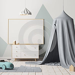 Mock up poster in the children`s bedroom with a canopy. Scandinavian style. 3d