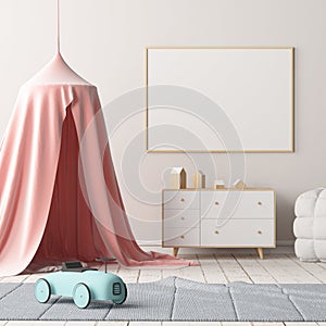 Mock up poster in the children`s bedroom with a canopy. Scandinavian style. 3d