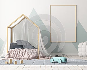 Mock up poster in the children`s bedroom with a canopy. Scandinavian style. 3d