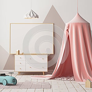 Mock up poster in the children`s bedroom with a canopy. Scandinavian style. 3d