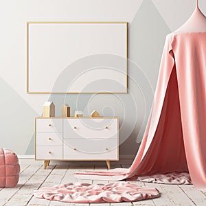 Mock up poster in the children`s bedroom with a canopy. Scandinavian style. 3d