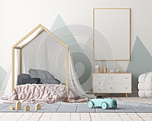 Mock up poster in the children`s bedroom with a canopy. Scandinavian style. 3d