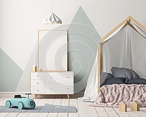 Mock up poster in the children`s bedroom with a canopy. Scandinavian style. 3d