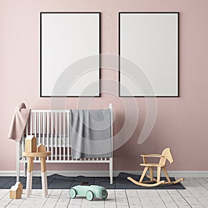 Mock up poster in the children`s room. Children`s room in Scandinavian style. 3d illustration.