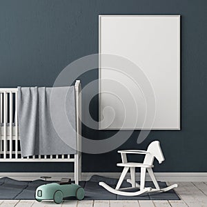 Mock up poster in the children`s room. Children`s room in Scandinavian style. 3d illustration.