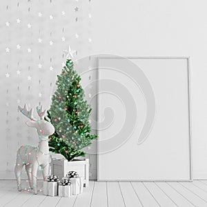 Mock up poster, Christmas and new year decoration. Christmas Room Interior Design with fir tree and presents 3d Render