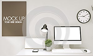 Mock up poster computer in office zen style and decoration on top table office.3D rendering
