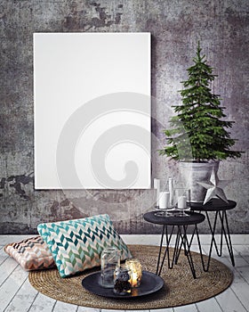 Mock up poster on the concrete wall with christamas decoration,