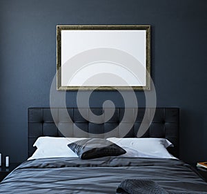 Mock-up poster in dark luxury bedroom interior, classic style