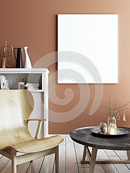 Mock up poster in elegant retro living room in stylish apartment