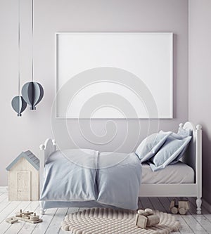 Mock up poster frame in baby boy room, scandinavian style interior background