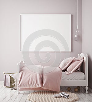 Mock up poster frame in baby girl room, scandinavian style interior background