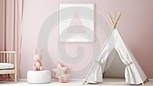 mock up poster frame in baby girl room, scandinavian style interior background. generative ai