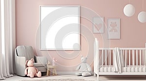 mock up poster frame in baby girl room, scandinavian style interior background. generative ai