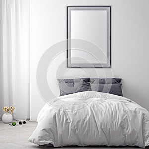 Mock up poster frame in bedroom interior background, 3D illustration