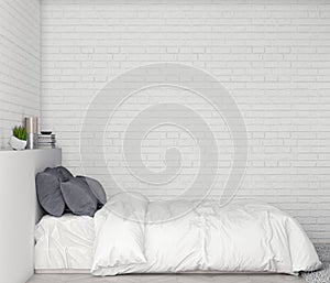 Mock up poster frame in bedroom interior background with brick wall, 3D illustration