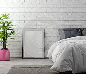 Mock up poster frame in bedroom interior background with brick wall, 3D illustration