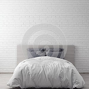 Mock up poster frame in bedroom interior background with brick wall, 3D illustration