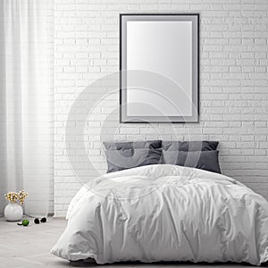 Mock up poster frame in bedroom interior background and brick wall, 3D illustration