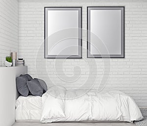 Mock up poster frame in bedroom interior background and brick wall, 3D illustration