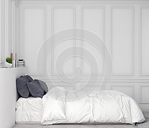 Mock up poster frame in bedroom interior background with classic wall, 3D illustration