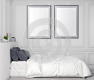 Mock up poster frame in bedroom interior background and classic wall, 3D illustration