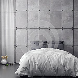 Mock up poster frame in bedroom interior background and concrete wall, 3D illustration