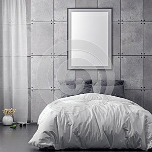 Mock up poster frame in bedroom interior background and concrete wall, 3D illustration