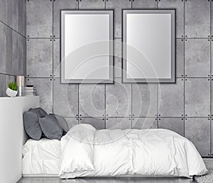 Mock up poster frame in bedroom interior background and concrete wall, 3D illustration