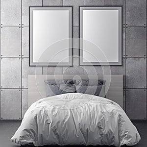 Mock up poster frame in bedroom interior background and concrete wall, 3D illustration