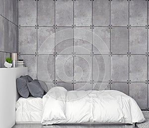Mock up poster frame in bedroom interior background with concrete wall, 3D illustration